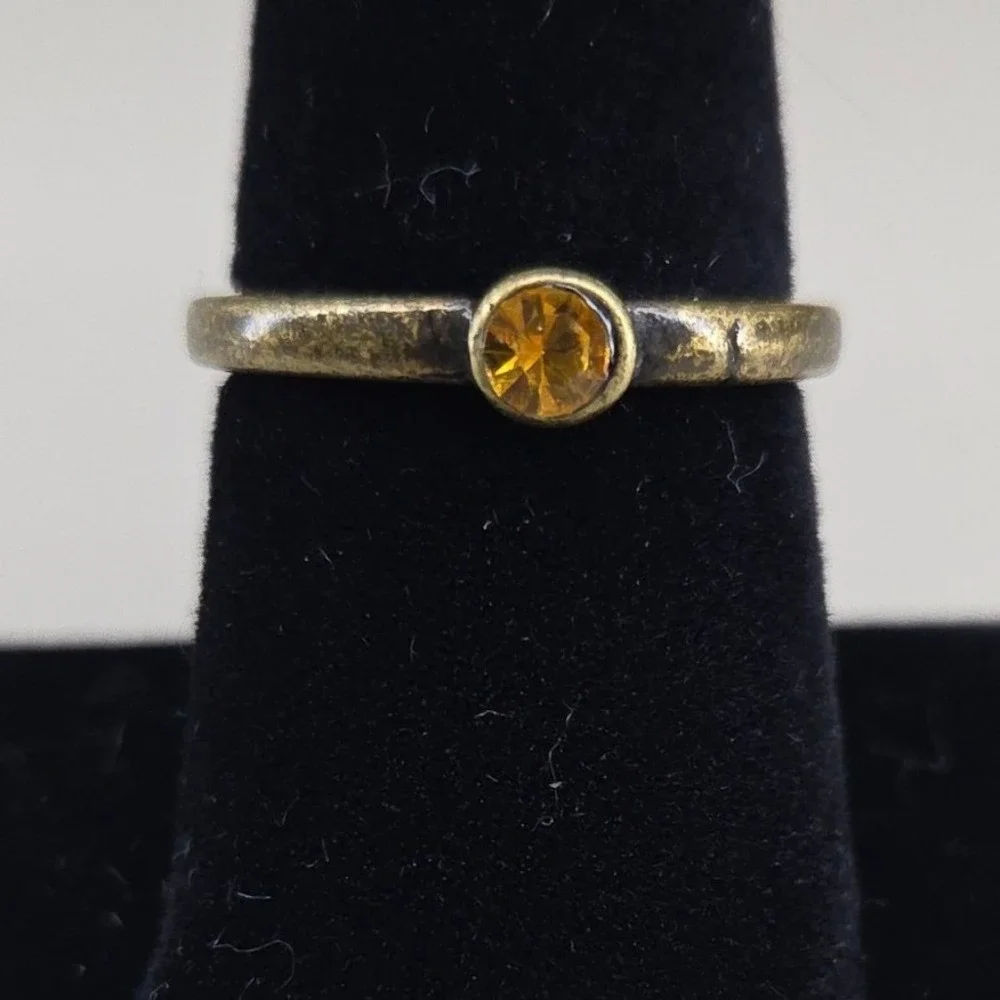 Vintage Style Brass Tone Stacking Ring Amber Crystal Bezel Set Size 8.5